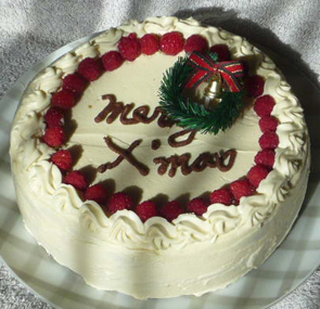 ラズベリーのホワイトクリスマスケーキの写真